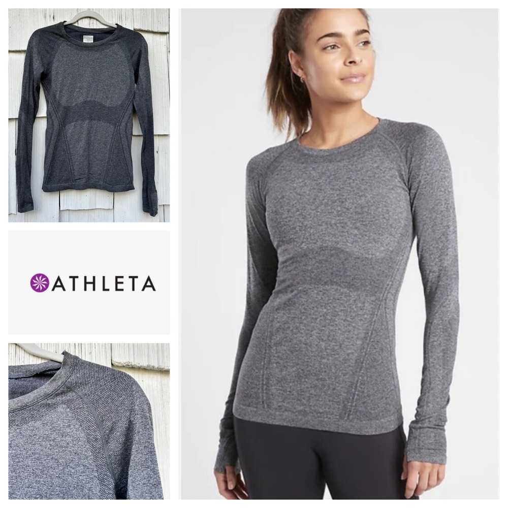 Athleta Seamless Long Sleeve Top Thumbholes Charcoal Grey XS Workout Activewear